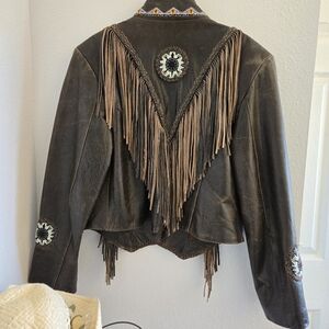 Hand beaded genuine leather jacket with fringe